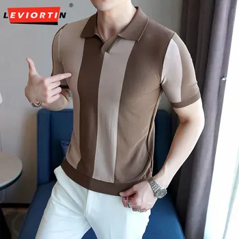 Летняя модная винтажная трикотажная рубашка-поло для мужчин, высококачественный топ в полоску, подходящий по цвету, повседневный пуловер, мужская рубашка-поло с коротким рукавом
