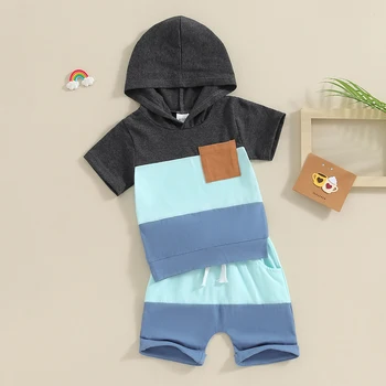 Летняя Одежда для маленьких мальчиков контрастного цвета, топы с капюшоном с короткими рукавами и эластичные шорты, комплект одежды для маленьких мальчиков