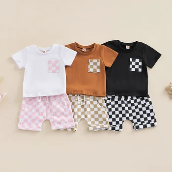 Летняя Одежда для малышей, мальчиков и девочек, футболки с карманами в стиле пэчворк с коротким рукавом + шорты с завязками в шахматном порядке, детская одежда