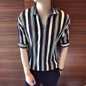 Модная летняя рубашка с V-образным вырезом, повседневная рубашка с защитой от пиллинга, мужская тонкая рабочая рубашка в полоску