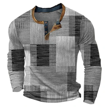 Модная мужская блузка-пуловер на пуговицах, приталенная футболка с принтом и V-образным вырезом Хенли, подходящая для любого сезона.