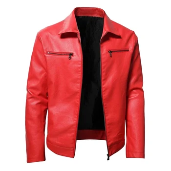 Мужская куртка из искусственной кожи приталенного кроя, осенний воротник-стойка, прочная ветрозащитная мотоциклетная молния, модная уличная одежда, красная искусственная байкерская кожа