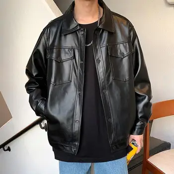 Мужская куртка из искусственной кожи, осенний карман с лацканами, пуговицы, длинный рукав, однотонная мужская фотография, модная мужская повседневная куртка