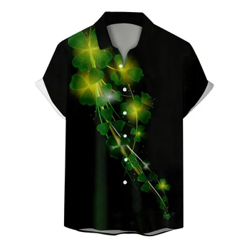 Мужская мода День Святого Патрика, Лацканы с 3D цифровой печатью, Однобортная рубашка с короткими рукавами, Уличная одежда Свободного кроя с цветочным рисунком
