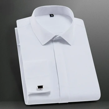 Мужская Официальная Французская рубашка С манжетами, Белые Деловые Рубашки на Пуговицах с длинным Рукавом и Запонками, Мужские Рубашки Обычного покроя M ~ 5XL