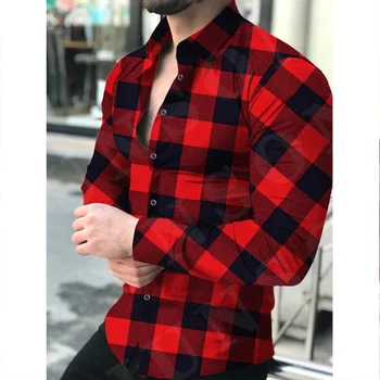 Мужская рубашка с 3D-принтом с лацканами 2023, Тонкая Клетчатая рубашка с цифровым принтом с длинным рукавом, Повседневные деловые Рубашки для светской жизни Для мужской одежды