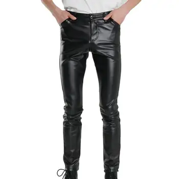 Мужские брюки из искусственной кожи с гладкими узкими карманами до середины талии, длинные брюки для мотоклуба, уличная одежда