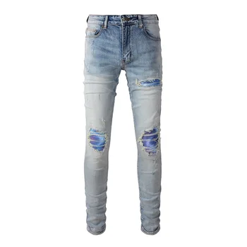 Мужские джинсы с заплатками, уличная одежда, светло-голубые джинсовые брюки с высокой эластичностью, рваные потертые узкие зауженные брюки