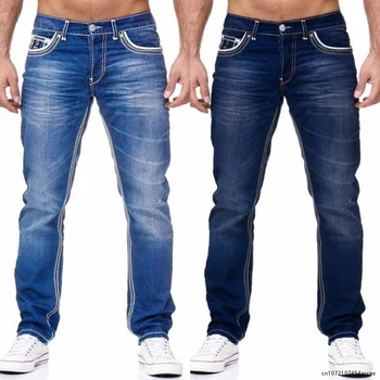 Мужские джинсы с однотонными карманами, прямые брюки из эластичного денима, весна-лето, деловые повседневные брюки, повседневная уличная одежда, мужская одежда
