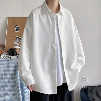 Мужские Корейские модные Белые рубашки с длинным рукавом 2023 Мужская Черная рубашка Оверсайз в стиле Харадзюку, Мужские рубашки на пуговицах, блузки 5XL
