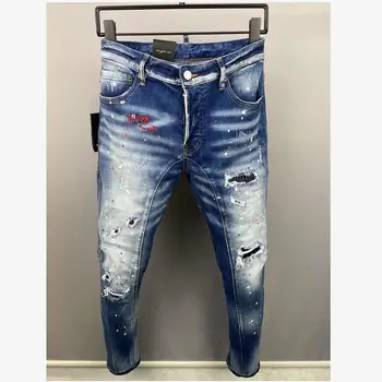 Мужские модные повседневные джинсы с дырками, окрашенные аэрозолем, модные брюки из джинсовой ткани для хай-стрит A518