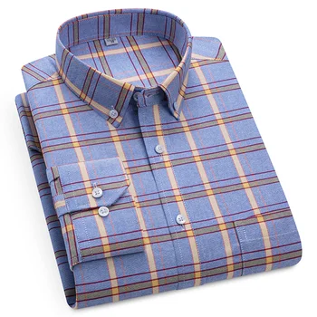 Мужские оксфордские рубашки S-6XL, повседневные рубашки с длинным рукавом и одним карманом, удобная хлопковая официальная рубашка в клетку стандартного кроя на пуговицах, Блузка
