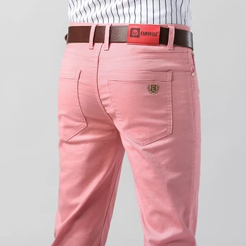 Мужские повседневные джинсы-скинни, Новые эластичные Желтые Розовые красные Облегающие мужские костюмы, Однотонные простые деловые джинсовые брюки