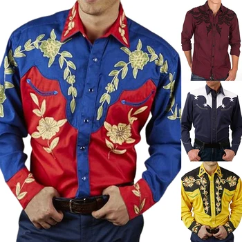 Мужские рубашки с принтом в западном стиле, повседневные свободные рубашки и блузки с отложным воротником на пуговицах и блузках, верхняя одежда для мужчин