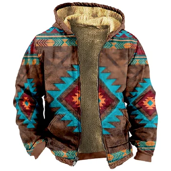 Мужские толстовки на молнии, зимняя флисовая парка, винтажная куртка с традиционной племенной графикой, толстовки на каждый день на молнии большого размера