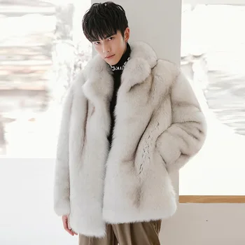 Мужское пальто средней длины из натуральной кожи с лисьим мехом, новое зимнее утолщенное от Haining Integrated бренда