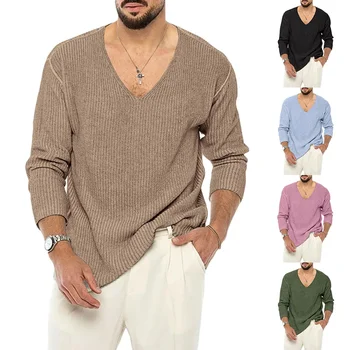 Мужской свитер с V-образным вырезом, однотонный модный повседневный вязаный свитер с длинными рукавами, осенне-зимняя мужская одежда
