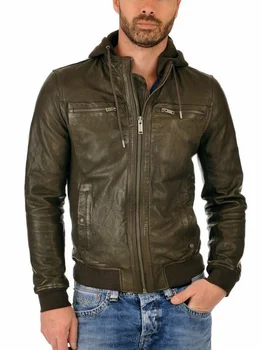 Новая мужская зеленая куртка из натуральной кожи с капюшоном, байкерская кожаная куртка-бомбер NFS 036