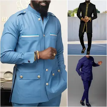 Новинка 2023 года в Африканском мужском костюме, однотонный пиджак на пуговицах и костюмные брюки, комплект из 2 предметов, Свадебные деловые мужские комплекты