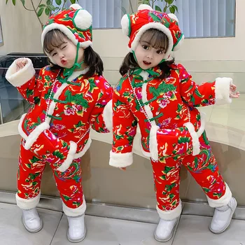 Новогодние костюмы для маленьких девочек, комплект детской одежды в китайском стиле для мальчиков ясельного возраста, теплые наряды с крупными цветами, костюм из 3/4 шт.