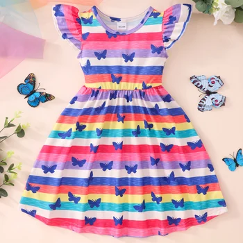 Новое платье для девочек, платье с летящими рукавами для маленьких девочек, детская праздничная пачка с рюшами, платья с радужными бабочками, хлопковая одежда для новорожденных от 2 до 9 лет