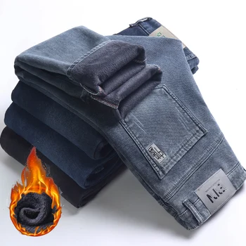 Новые зимние мужские прямые флисовые джинсы с вышивкой, удобная тонкая стрейчевая теплая утолщенная мужская одежда, плюшевые джинсовые брюки