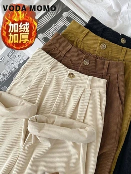 Новые Корейские модные женские вельветовые брюки Harajuku с высокой талией, прямые брюки полной длины, Винтажные универсальные брюки с карманами из твердых материалов