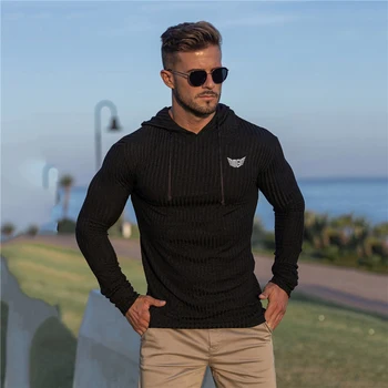 Новые поступления, Модный осенний свитер с капюшоном, мужская спортивная тонкая футболка для фитнеса, красивые удобные топы