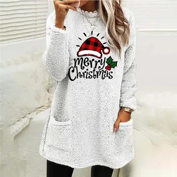Новый женский пуловер с длинным рукавом 2023, Рождественская Осенне-зимняя футболка с карманами, модный однотонный повседневный свободный топ большого размера