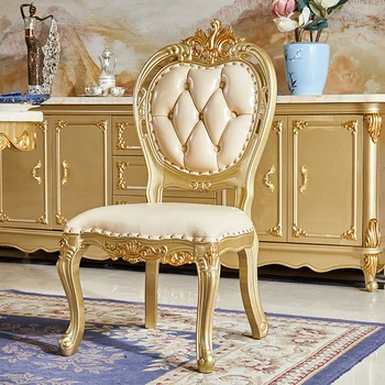 Обеденные стулья в европейском стиле, гостиная из цельного дерева, натуральная кожа, массив дерева, резной обеденный стол из благородного золота