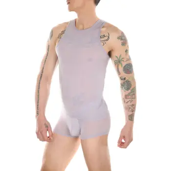 Облегающий комбинезон, комплект жилетов, мужская бесшовная 3D прозрачная сексуальная рыболовная сеть без рукавов, купальник, шорты из шелка льда, комплект из двух предметов