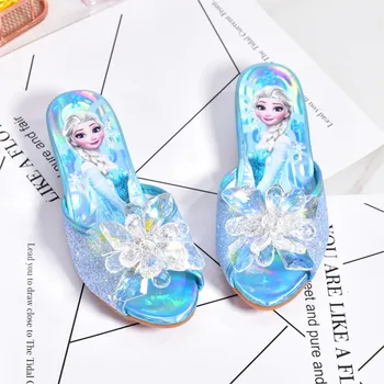 Обувь замороженной принцессы Эльзы, тапочки, шлепанцы на высоком каблуке для девочек, Модные хрустальные туфли, Детские летние сандалии, размер 26-37