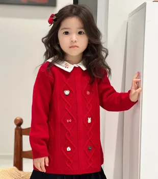 одежда для маленьких девочек свитер из 100% шерсти свитер для девочек Ручной работы, вязаный пуловер с мультяшной вышивкой