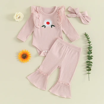 Одежда для новорожденных для девочек, Вязаный комбинезон с цветочной вышивкой, с длинными рукавами и оборками, Расклешенные брюки, повязка на голову