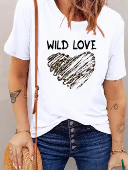 Одежда, топ с коротким рукавом, женская мода, летняя леопардовая одежда в полоску с сердечком, футболка с принтом, базовая футболка, графические футболки