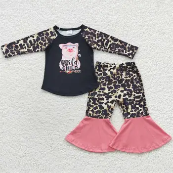 Оптовая продажа Комплект одежды для маленьких девочек Детские рубашки с длинными рукавами Pig Wild, Леопардовые брюки-колокольчики, Детская Весенне-осенняя одежда