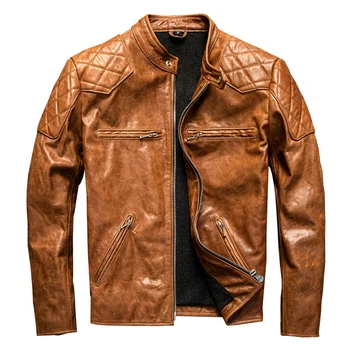 Оранжевая весенняя мужская куртка в байкерском стиле, большие размеры 5XL, натуральная воловья кожа, осенние приталенные мотоциклетные пальто из натуральной кожи.