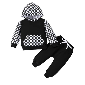 Осенне-зимняя одежда для малышей и маленьких мальчиков, толстовка с капюшоном в клетку в клетку, топ в стиле пэчворк, однотонный комплект брюк, спортивный костюм, 2 предмета одежды