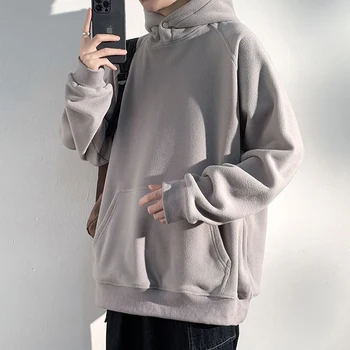 Осенне-зимняя свободная толстовка для мужчин, утепленные толстовки, повседневный пуловер Harajuku большого размера, Корейская мода, черная утепленная толстовка