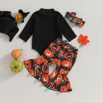 Осенние наряды для маленьких девочек, однотонный комбинезон из ребристого трикотажа с длинными рукавами, расклешенные брюки с принтом тыквы, повязка на голову, комплект одежды для Хэллоуина, 3 шт.
