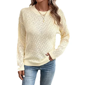 Осень 2023, Новый однотонный пуловер с длинным рукавом, женский топ с длинным рукавом, универсальный свитер приталенного кроя из ниток
