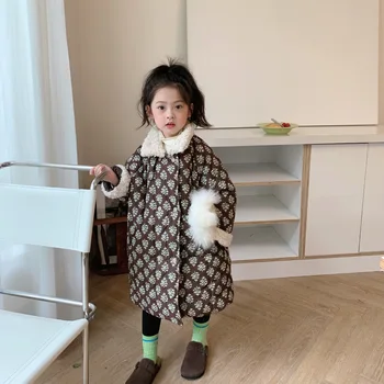 Пальто для девочек, Южнокорейская детская одежда, Толстая хлопковая куртка с цветочным принтом для девочек, Зимние длинные Толстые хлопковые куртки 2023