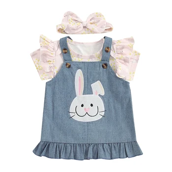 Пасхальный наряд для маленьких девочек, комбинезон с короткими рукавами и принтом кролика, Джинсовое общее платье, повязка на голову с бантом, Милый комплект из 3 предметов
