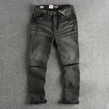 Плотные, тяжелые, винтажные, выстиранные черные джинсы, мужские брюки с прямыми штанинами crease craft small