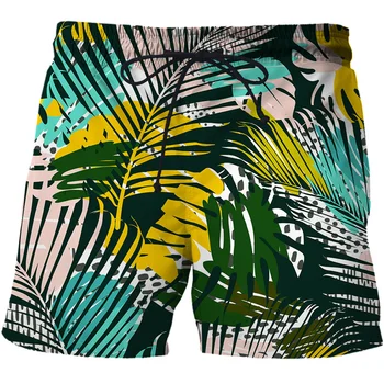 Пляжные шорты с рисунком листьев, Повседневные короткие штаны, мужские шорты для серфинга с 3D-печатью, летний Гавайский купальник, плавки, крутые шорты