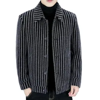 Повседневная осенняя куртка с отворотом, полосатый однобортный мужской кардиган, пальто, плотное теплое, средней длины, деловое, повседневное
