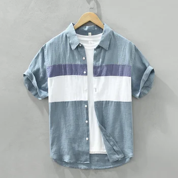Повседневная рубашка из чистого льна для мужчин, топы с короткими рукавами в стиле пэчворк, Летняя дизайнерская одежда 2023 года.