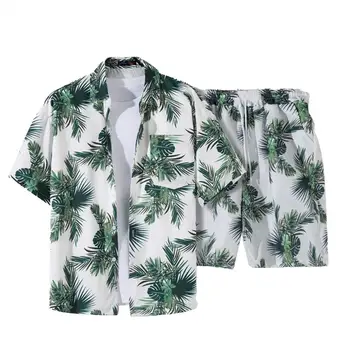 Простая однобортная тонкая рубашка средней посадки с принтом кокосовой пальмы, свободные шорты, спортивный костюм, рубашка, шорты, комплект, впитывающий влагу