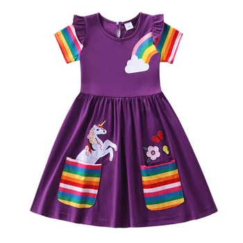 Прыжковые метры от 3 до 7 лет Фиолетовые платья принцессы для вечеринки на День рождения с карманами, аппликацией в виде Единорога, Модная детская хлопчатобумажная одежда Rainbow