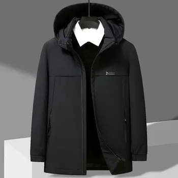 Пуховик мужской однотонный средней длины, утолщенная теплая зимняя куртка со съемной внутренней подкладкой